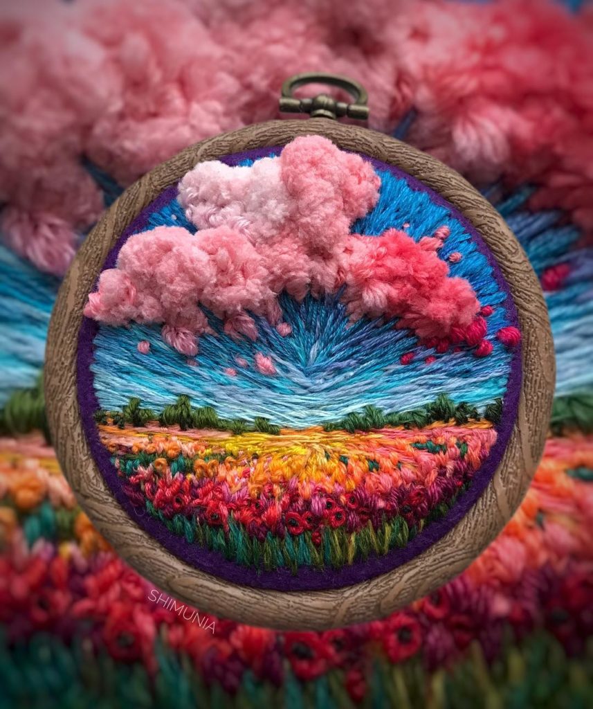 broderie en relief avec nuages rose et champ de fleurs