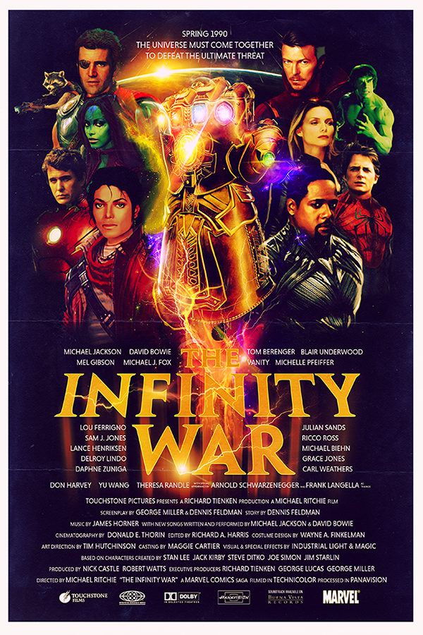 Michael Jackson, David Bowie, Mel Gibson, Michael J. Fox, Tom Berenger, Blair underwood, Vanity et Michelle Pfeiffer dans le film The Infinity War