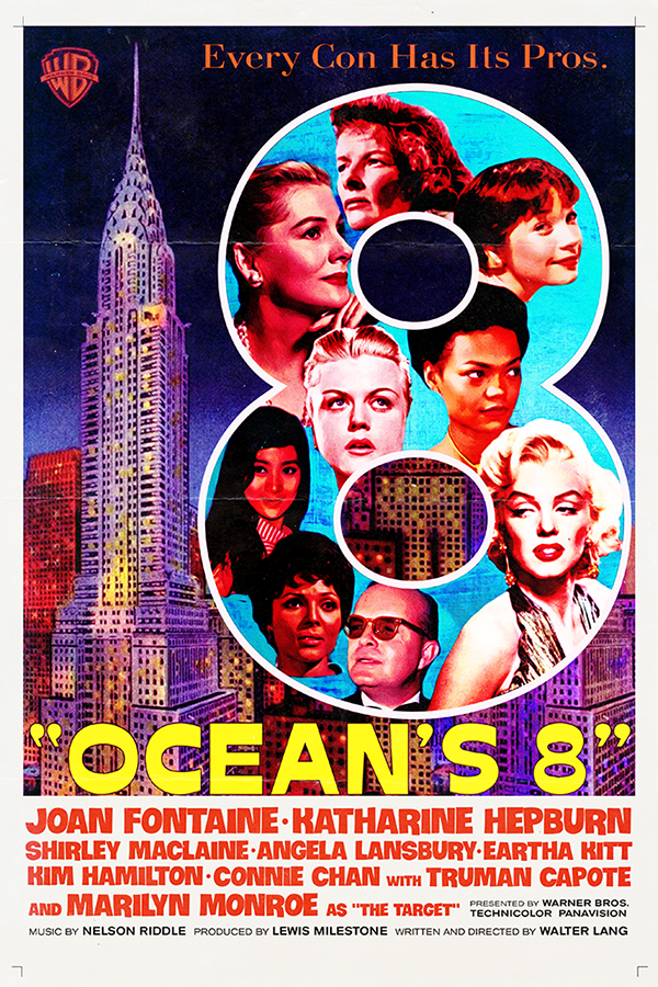 Joan Fontaine, Katharine Hepburn, Shirley Maclaine, Angela Lansbury, Eartha Kitt, Kim Hamiltin, Connie Chan, Truman Capote et Marilyn Monroe dans le film Ocean's 8
